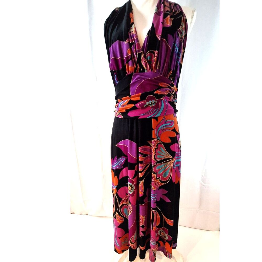 Vtg Y2K Evan-Picone Floral Halter Midi Dress Purple & Orange Psychedelic Print